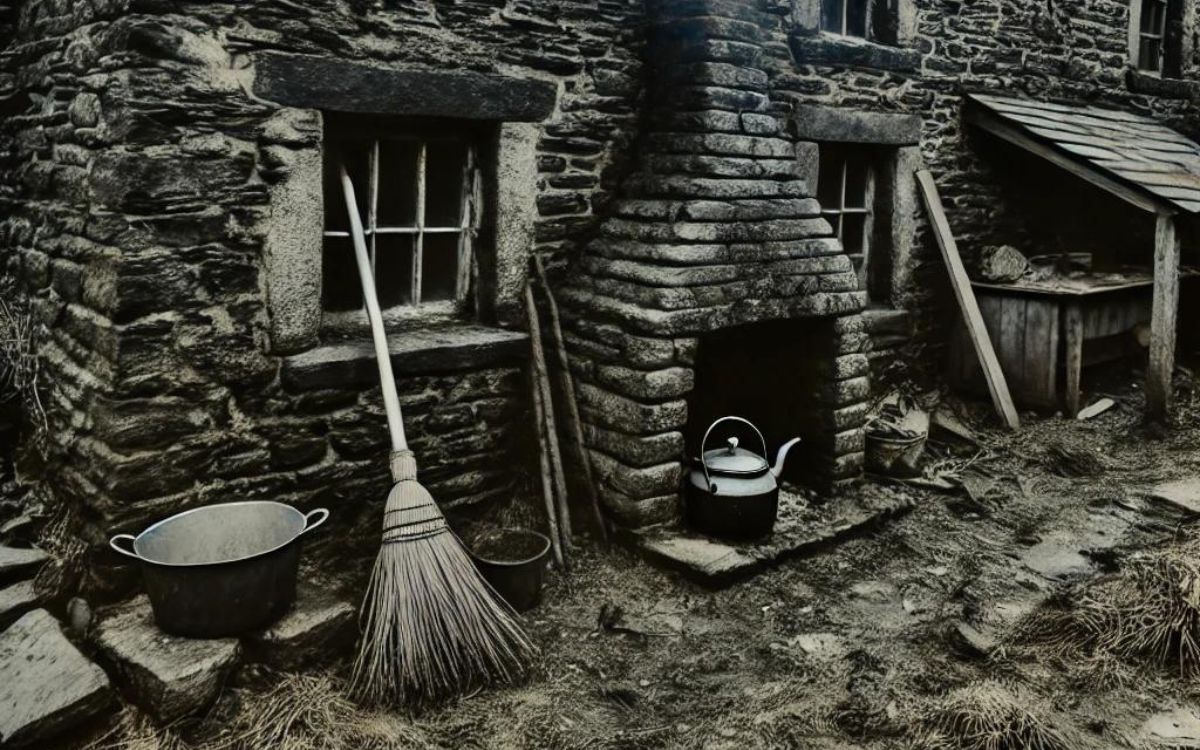 a broom and kettle outside of a stone building